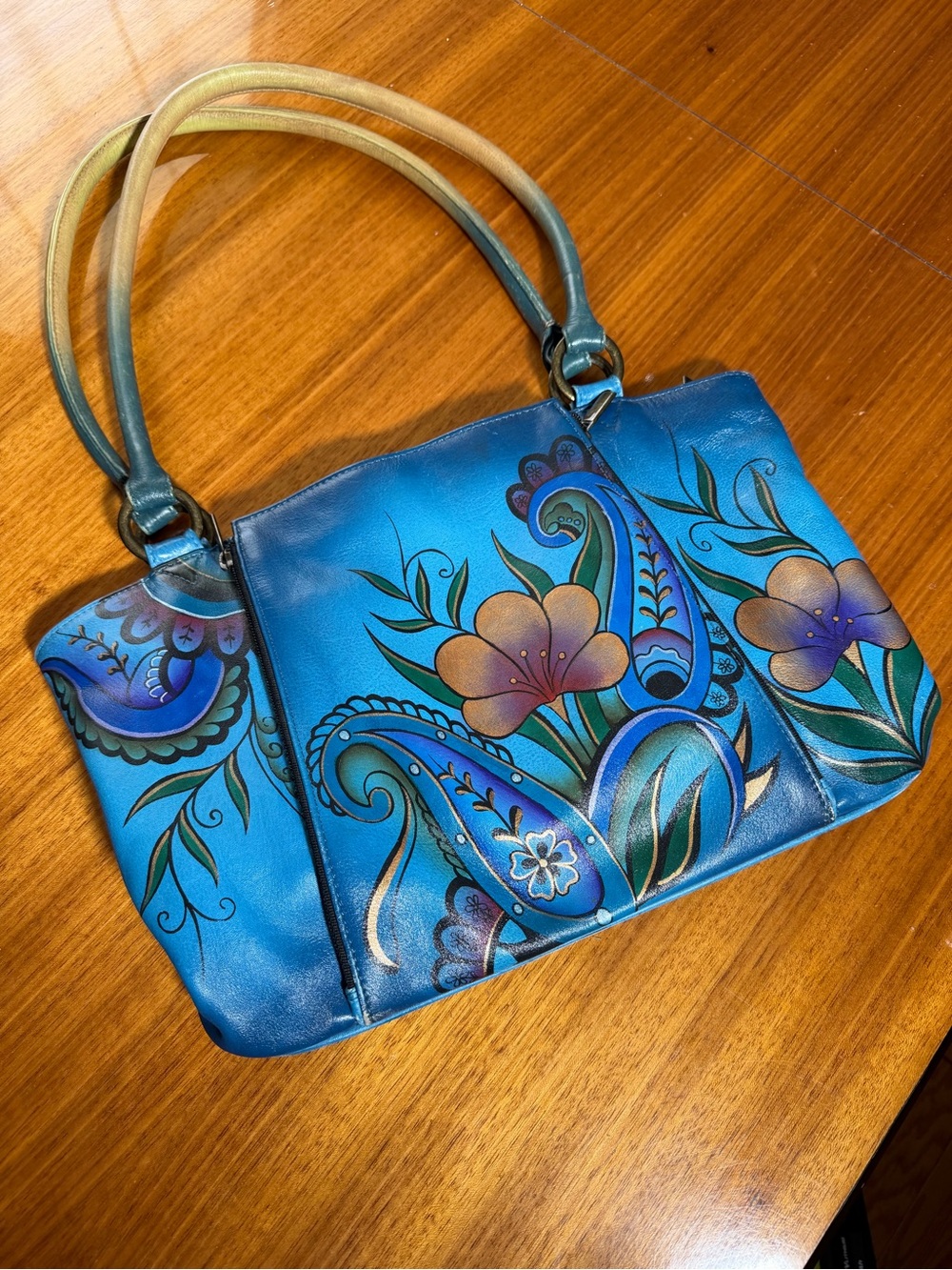 Anuschka Hand-Painted Blue Floral Shoulder Bag